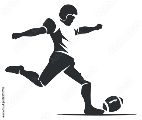 A soccer player executing a kick in black and white minimalist vector style, perfect for sports-themed designs and branding