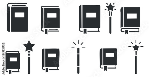 A collection of black and white vector icons featuring books, magic wands, and star symbols, ideal for educational and creative projects