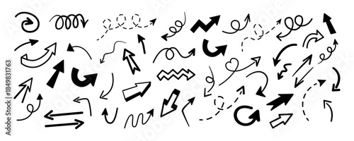 Hand drawn arrows vector set in doodle style. Black sketch arrows, curved, dashed and spiral shapes for navigation, infographic, presentation and graphic design, isolated on white background.