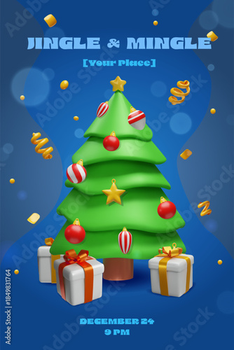 Christmas party banner with a decorated holiday tree, gift boxes on a blue background. Event posters, party invitations, holiday promotions, social media announcements and seasonal advertising.