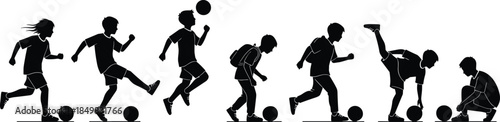 Set of black children silhouettes playing soccer with balls representing youth sports teamwork active lifestyle fitness and childhood physical education exercise