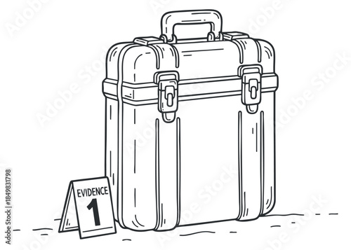A briefcase with an evidence marker in black and white outline vector style, suitable for legal and investigative themes