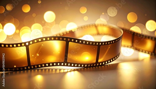 Radiant golden vintage cinema film strip unspooling gracefully amidst a sparkling bokeh background, symbolizing classic movie magic and cinematic celebration