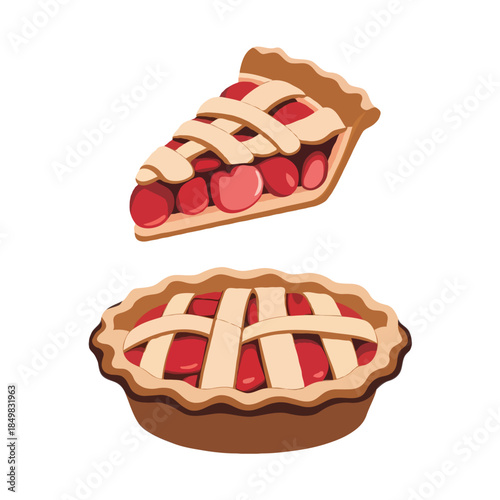 Delicious whole cherry pie and a single slice of cherry pie with lattice crust isolated on white background