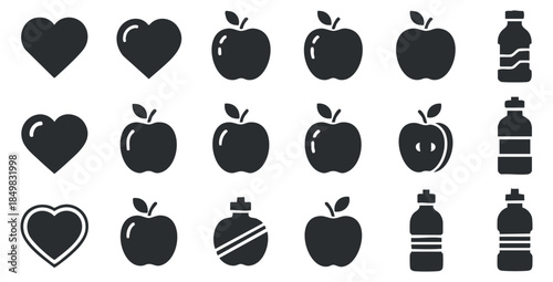 A collection of heart, apple, and bottle icons in black and white minimalist vector style, suitable for health and wellness branding