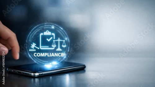 law restriction policy concept. Digital compliance concept with smartphone interaction.