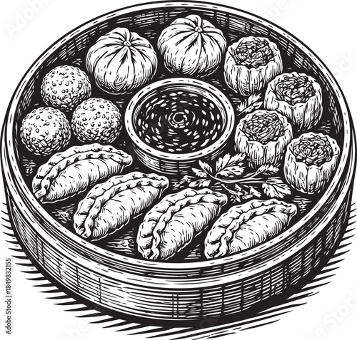 Asian dim sum assortment linocut etching food illustration for restaurant menu