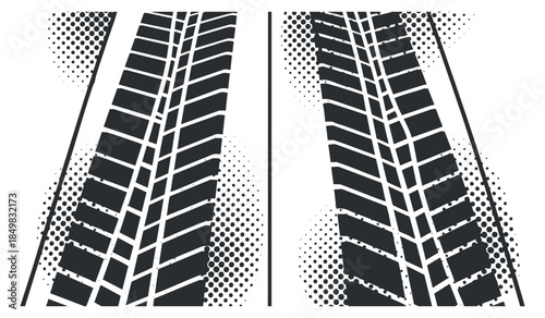 A set of tire tracks in bold black and white vector style, ideal for automotive branding and graphic design