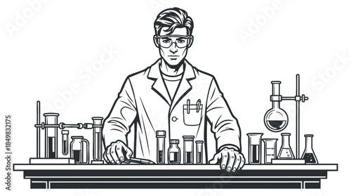 A scientist working in a laboratory surrounded by various test tubes and flasks in black and white outline vector style, ideal for educational and scientific projects
