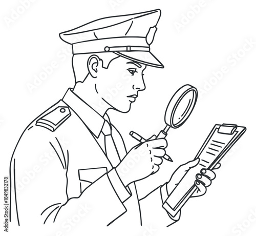 A police officer examining a clipboard with a magnifying glass in outline drawing style, suitable for law enforcement illustrations