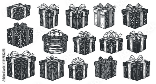A collection of festive gift boxes with ribbons and decorations in detailed black and white vector style, ideal for holiday themes and celebrations