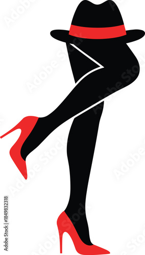 Artistic silhouette of long female legs wearing red high heels and black fedora hat for fashion beauty elegance and cabaret style