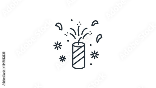 A black line drawing of a striped cylindrical object exploding with sparks and confetti on a white background for celebrations