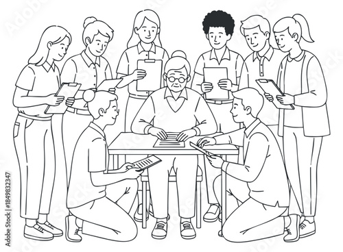 A group of diverse individuals engaged in a collaborative meeting, presented in black and white outline vector style, ideal for business and teamwork themes