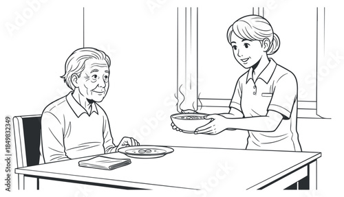 A caregiver serving a hot meal to an elderly person at a table in simple black and white outline vector style, ideal for healthcare and community support themes