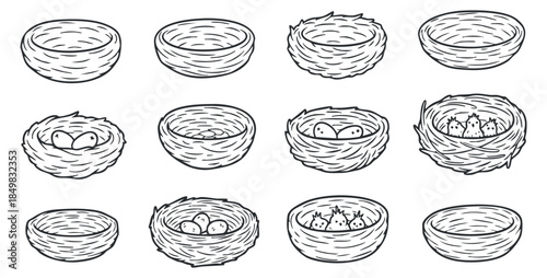 A collection of twelve hand-drawn bird nests with varying egg arrangements in outline vector style, perfect for nature-themed projects