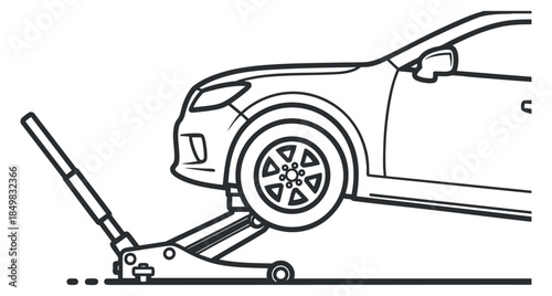 A car being lifted with a hydraulic jack in simple black outline vector style, suitable for automotive service illustrations