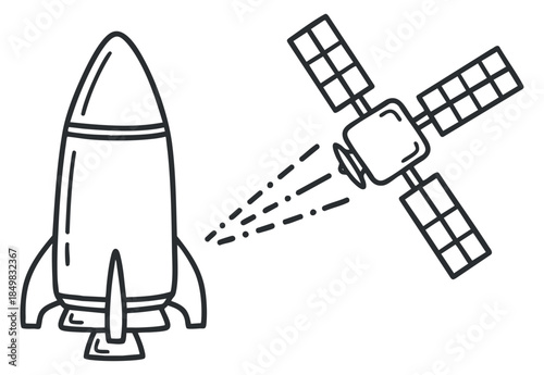 A rocket and satellite in minimalist outline vector style, suitable for space exploration and technology projects