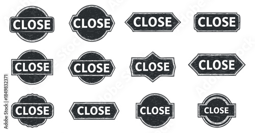 A collection of various 'Close' labels and buttons in vintage black and white vector style, ideal for UI design and signage
