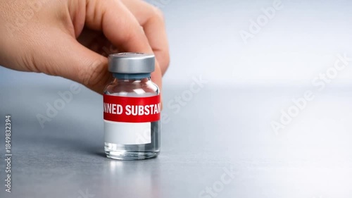 law restriction policy concept. Vial labeled as banned substance held by a hand.