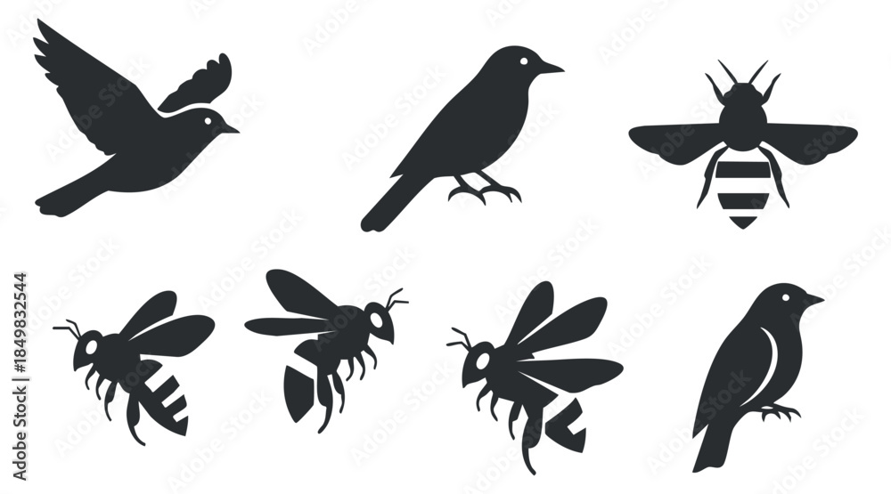 Fototapeta premium A collection of birds and bees silhouettes in black minimalist vector style, suitable for nature-themed design projects