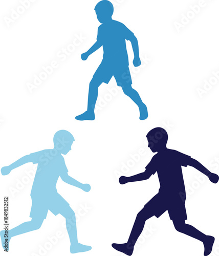 Set of three blue children silhouettes running and playing representing youth sports active lifestyle fitness health and childhood physical education development