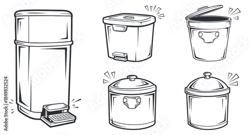 A collection of five different types of trash bins and containers in black and white outline vector style, suitable for waste management designs