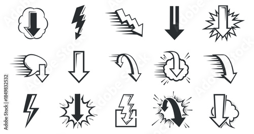 A collection of dynamic down arrow icons in black and white outline vector style, suitable for graphic design and visual communication