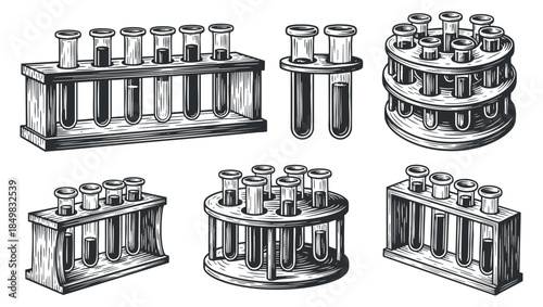 A collection of various laboratory test tube racks and test tubes in vintage sketch vector style, perfect for educational and scientific projects