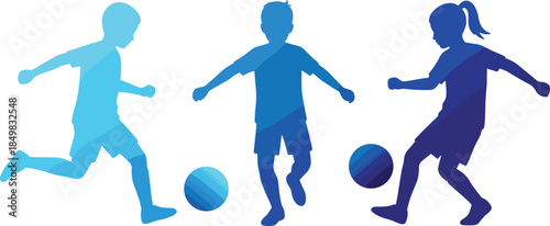 Three blue children silhouettes playing soccer with balls representing youth sports teamwork active lifestyle fitness and childhood physical education exercise concept