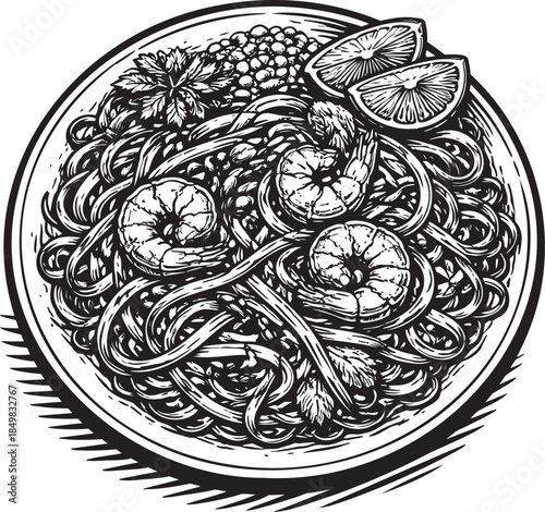 Seafood spaghetti with shrimp linocut etching food illustration for mediterranean menu
