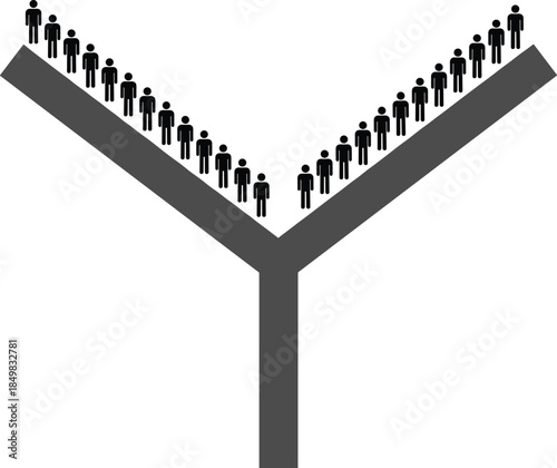 Black silhouette of people standing on a Y shaped path representing decision making choice career direction and social division concepts