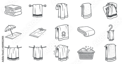 A collection of various towel icons including folded, hanging, and a beach towel in minimalist black and white vector style, ideal for home and spa branding