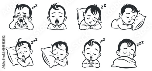 A set of cute baby expressions depicting sleepiness and yawning in black and white vector style, ideal for children’s products and designs