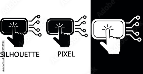 Minimalist and pixel vector icon illustrating touchscreen interaction with a black silhouette