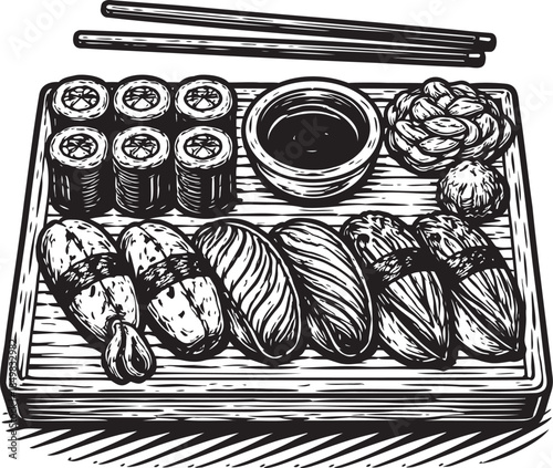 Assorted sushi set linocut etching food illustration for japanese menu and packaging design