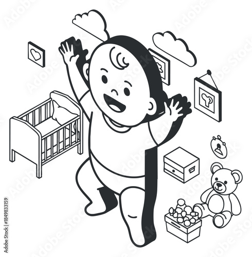 A happy jumping baby in black and white outline vector style, set in a nursery with toys and a crib, ideal for parenting and childcare designs
