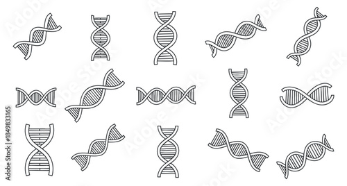 A collection of DNA double helix icons in minimalist outline vector style, suitable for scientific and educational projects