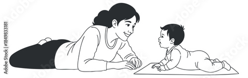 A mother engaging with her baby during tummy time in a black and white minimalist vector style, ideal for parenting and family themes