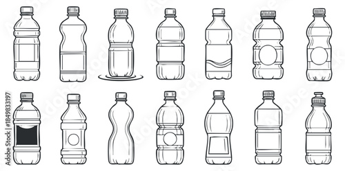 A collection of various plastic drink bottles in outline vector style, ideal for packaging design and beverage branding