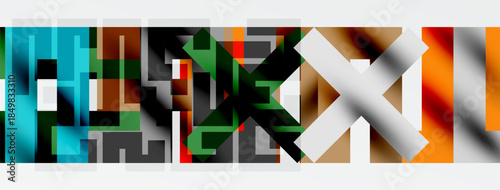 Abstract geometric composition. Rectangles, squares create complex pattern. Colors include blue, orange, green, white. Modern design.