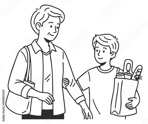 A parent and child shopping together with groceries in minimalist black and white vector style, ideal for family-oriented projects