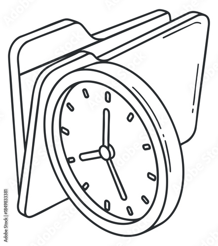 A minimalist outline illustration of a clock integrated with a folder in vector style, ideal for project management and organization themes