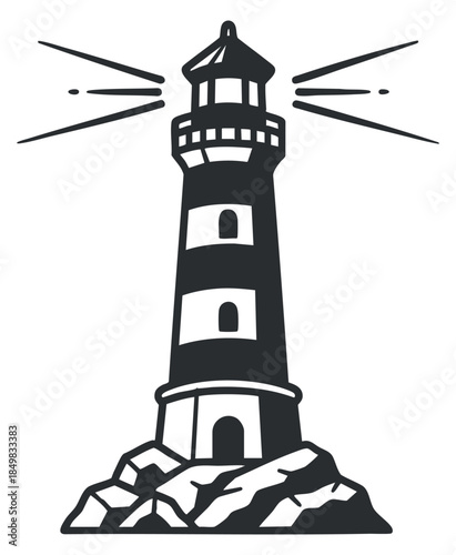 A lighthouse standing on rocks with beams of light in black and white minimalist vector style, ideal for nautical designs
