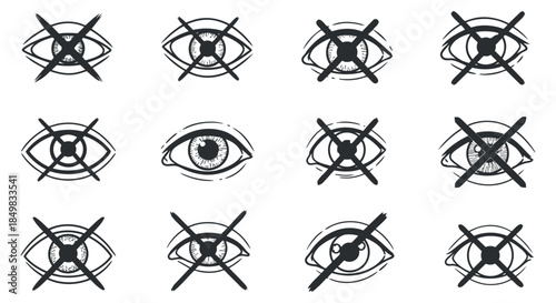 A set of crossed-out eye icons in black and white minimalist vector style, suitable for privacy and security themes