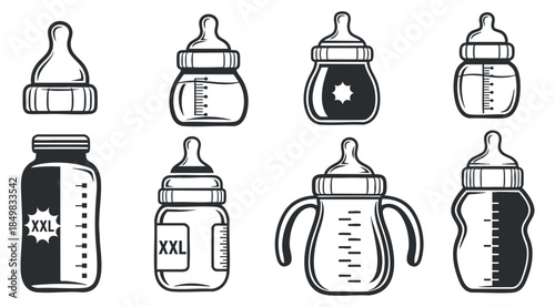 A collection of baby bottles and sippy cups in black and white outline vector style, ideal for parenting and childcare designs