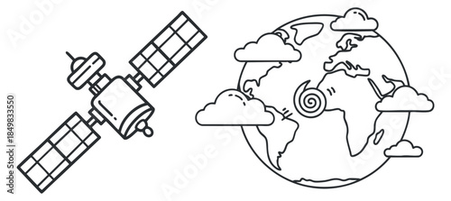 A satellite orbiting the Earth with clouds in a minimalist outline vector style, suitable for technology and space-themed projects
