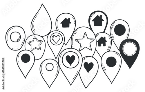 A collection of various location pins and icons featuring drops, stars, hearts, and houses in a black and white outline vector style, ideal for map design and navigation applications