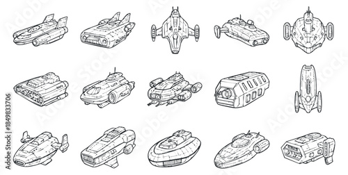 A collection of futuristic spaceship designs in detailed black and white outline vector style, suitable for sci-fi projects and illustrations
