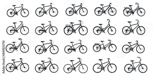 A collection of bicycles in black and white minimalist vector style, suitable for cycling-related projects and designs